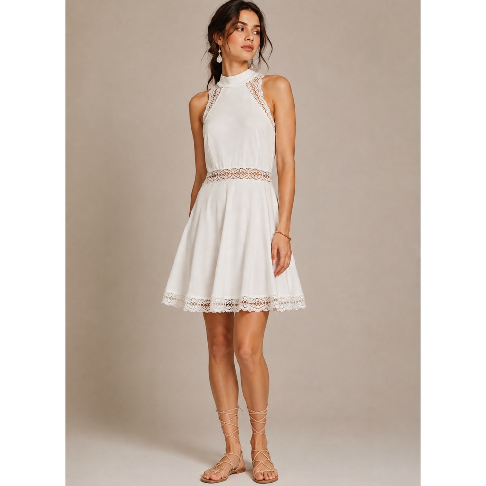 Lulus Lace Trim Skater Halter Mini Dress Large White Boho Bridal Party Coquette